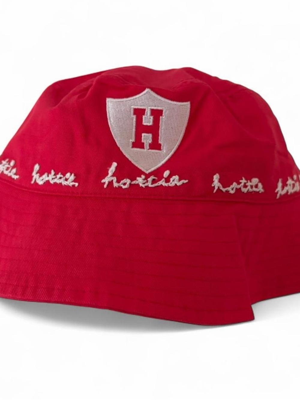 Bucket Hat with White Shield Logo and hand embroidery